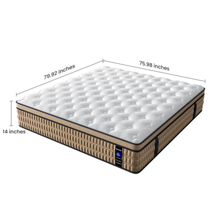 14" King Mattress Hotel Collection Hybrid Mattress With Gel Memory Foam & Pocket Springs - Brown / White Somnus Mattress USA