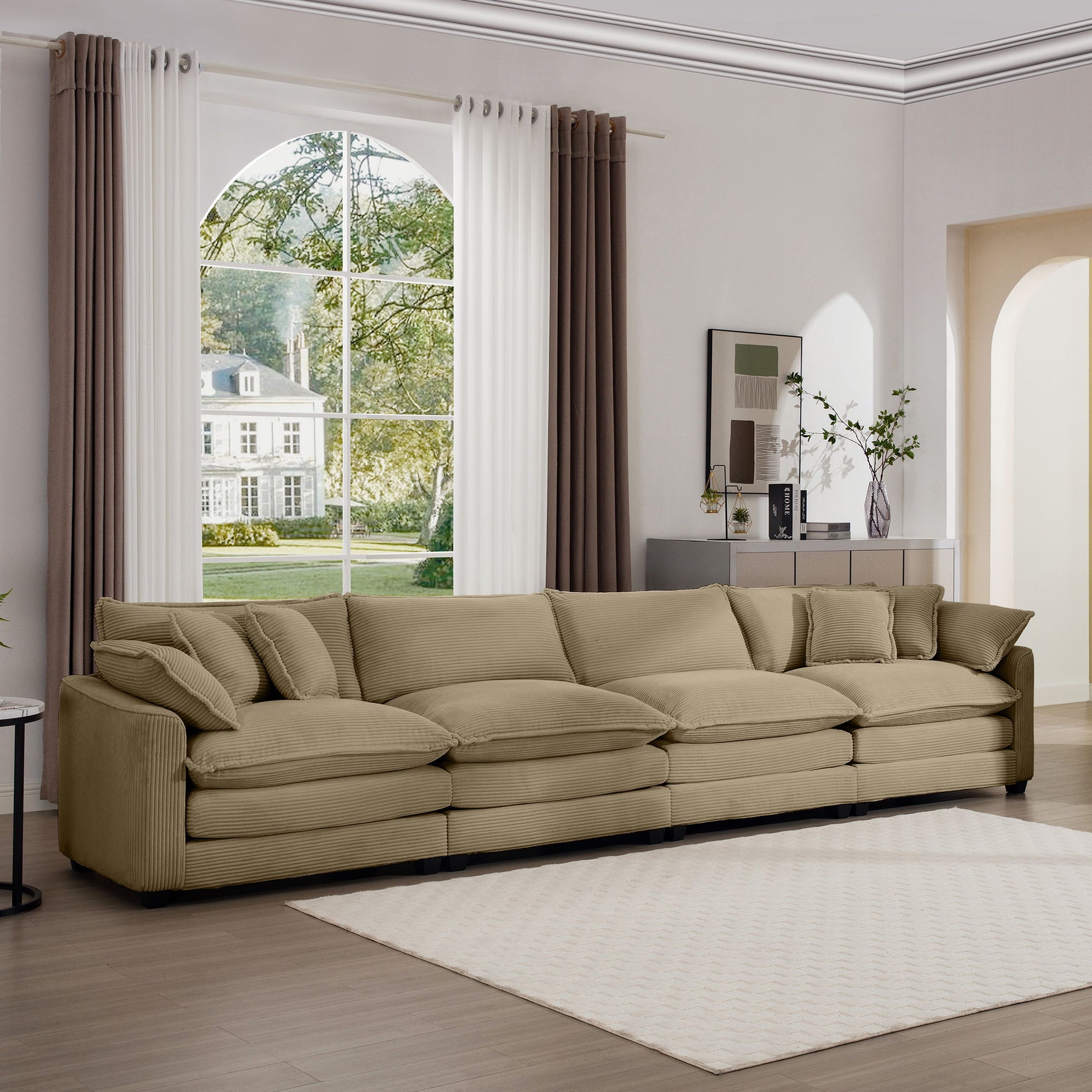 Modern Upholstered 4 Seater Fabric Sofa With Arm And Throw Pillows Home Essentials
