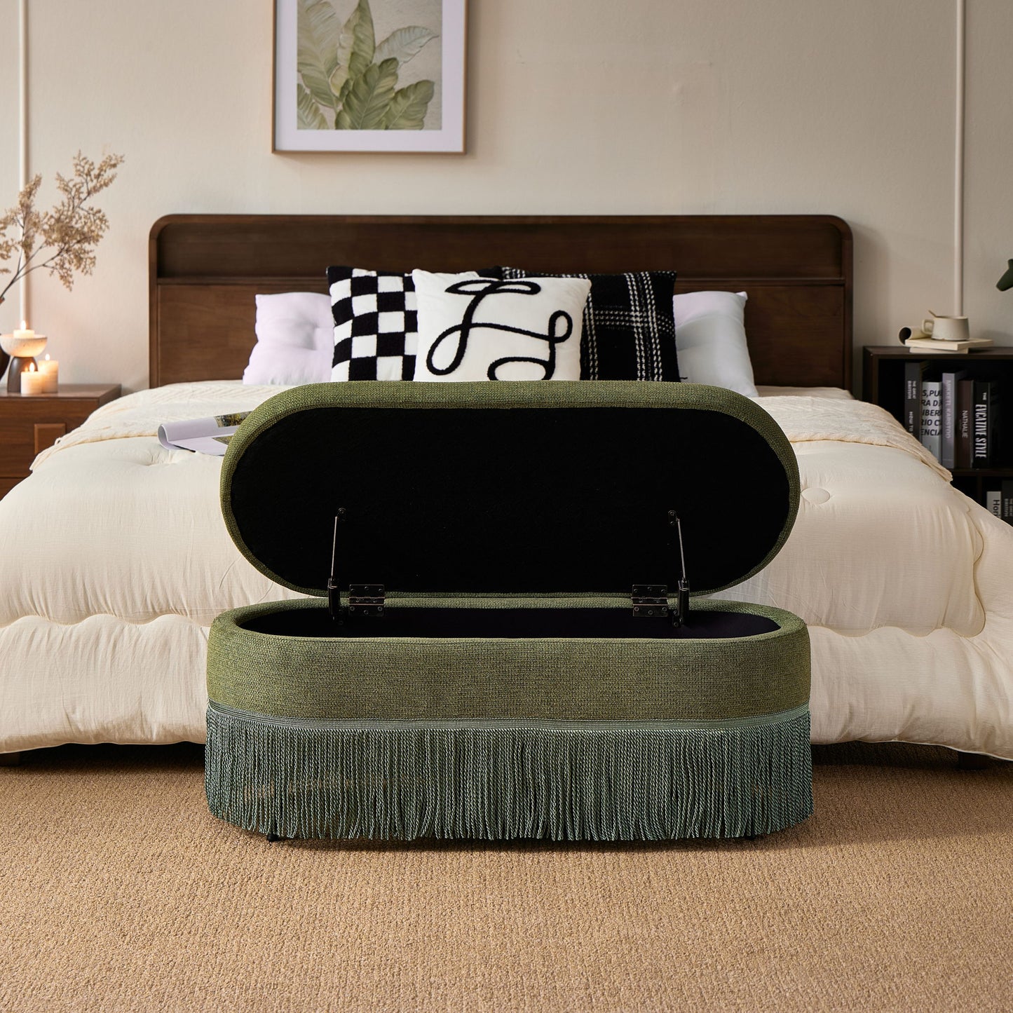 Oval Upholstered Storage Ottoman With Fringe Trim & Lift Top Lid Home Essentials