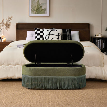 Oval Upholstered Storage Ottoman With Fringe Trim & Lift Top Lid Home Essentials