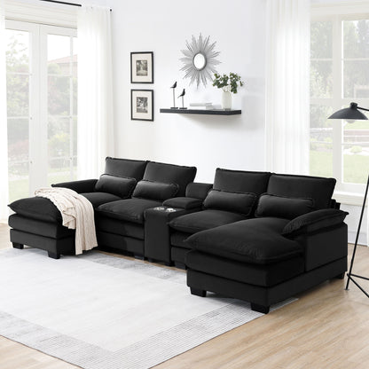 Modern U-Shaped Sofa With Console, Cupholders And USB Ports, 6 Seat Upholstered Symmetrical Indoor Furniture, Sleeper Couch Set With Chaise For Living Room