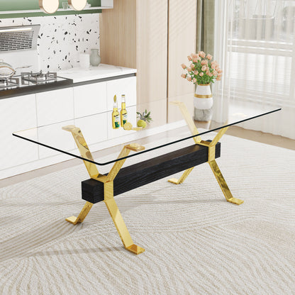 Modern Tempered Glass Dining Table With Metal Legs And Crossbars - Transparent Home Essentials