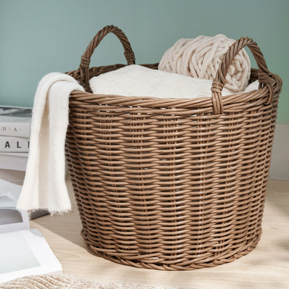 Round Cone Woven Resin Wicker Basket With Handles For Versatile Storage - Walnut Brown Daily Nest