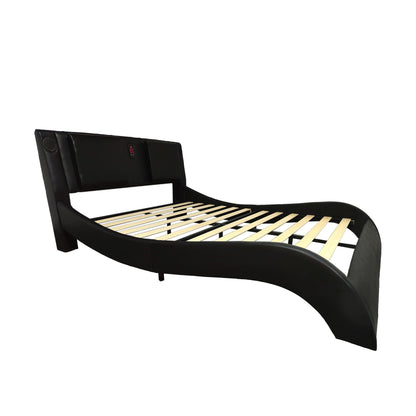 Upholstered Platform Bed Frame With LED Lighting, Bluetooth Connection To Play Music Control, Backrest Vibration Massage, Curve Design, Wood Slat Support, Exhibited Speakers Home Essentials