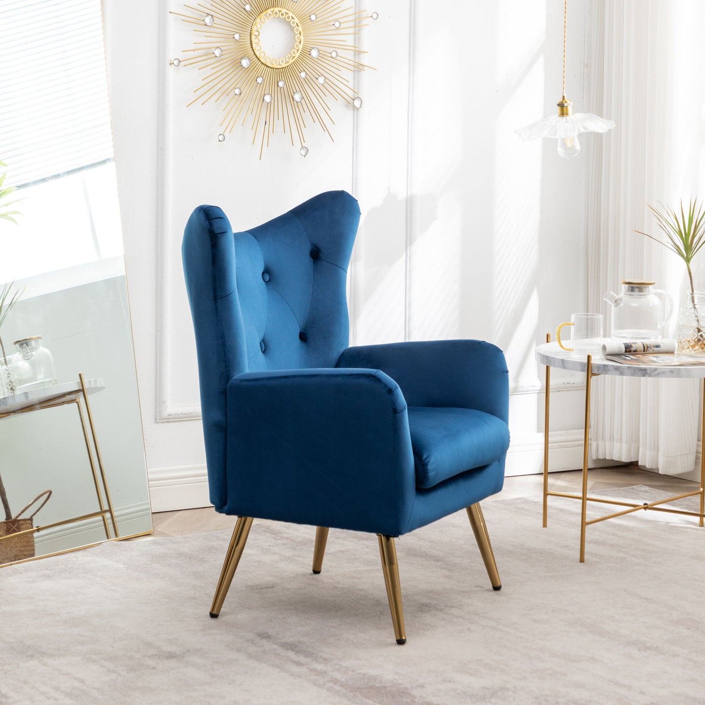 Sovarol - Velvet Button-Tufted Wing Back Accent Chair - Blue Home Essentials
