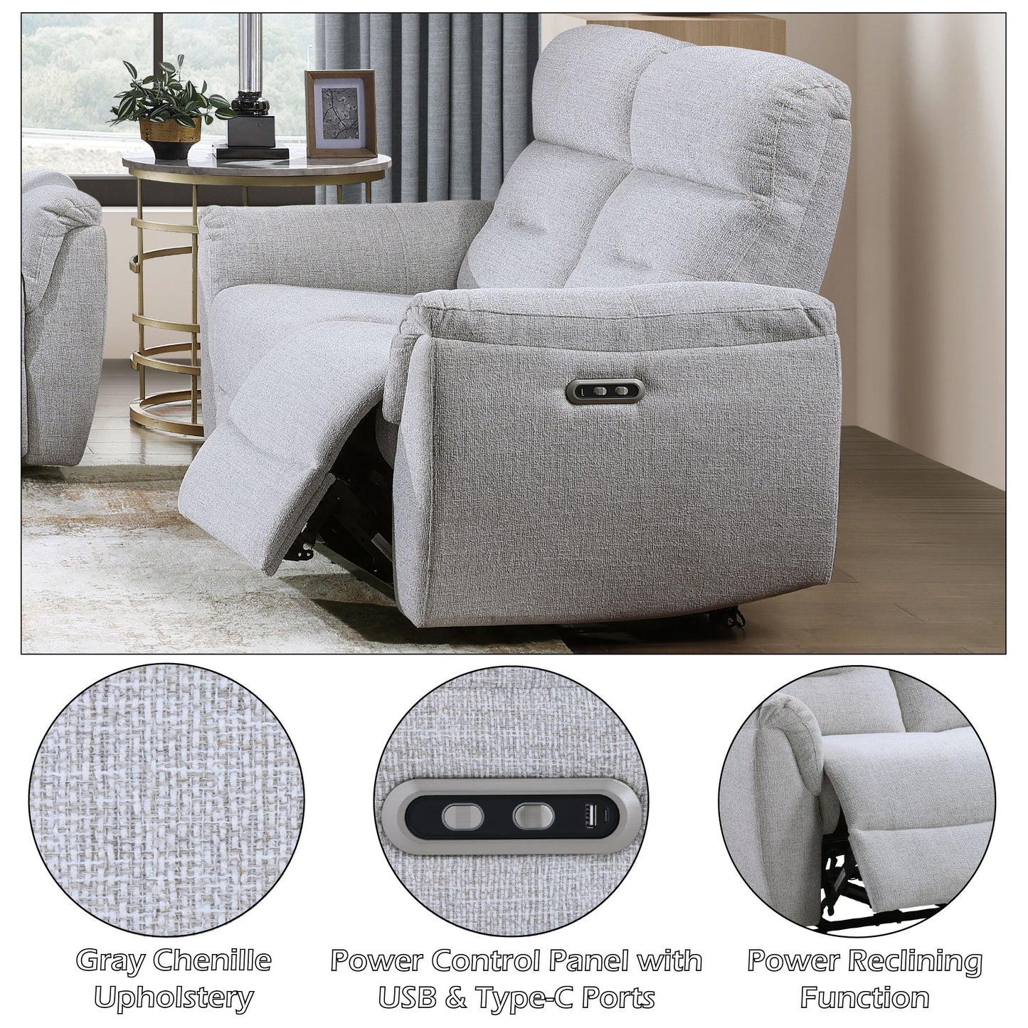 Eastre - Power Motion Loveseat With USB Port - Gray Acme
