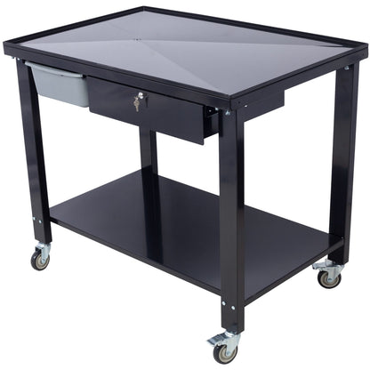 Transmission Teardown Work Station 1 / 2 Ton Capacity Sloping Drain Table Locking Drawer Removable Drain Basin Full-Width Lower Shelf Four 4" Caster Wheels Daily Nest