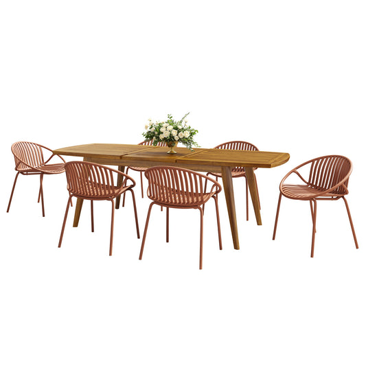 Modern Outdoor 7 Piece Expandable Dining Set With Stackable Chairs Noble House