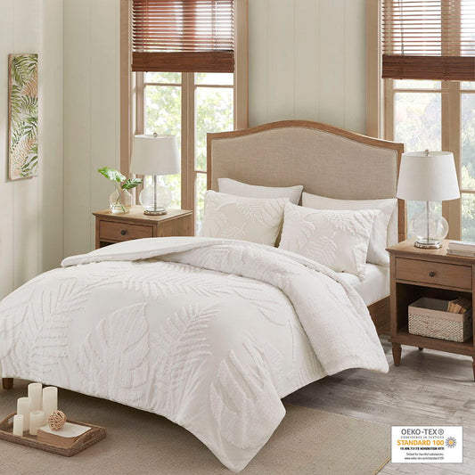 Bahari - King 3 Piece Tufted Palm Comforter Set - Off White