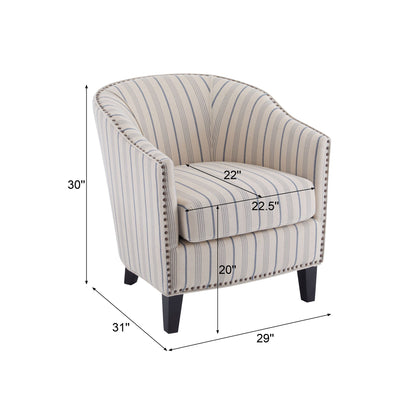Transitional Upholstered Stripe Barrel Chair With Birch Wood Legs And Plush Cushioned Seat - Beige / Blue Stripe Noble House