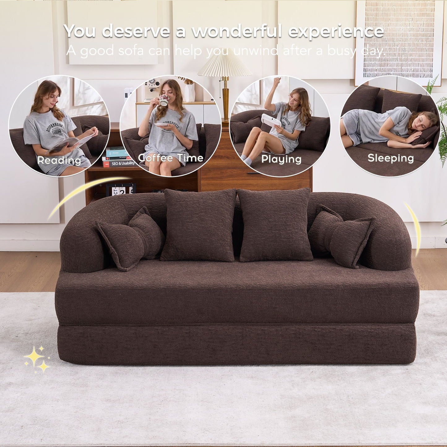 Foldable Sofa Bed, Boneless Couch Convertible Sleeper With 4 Pillows Home Essentials