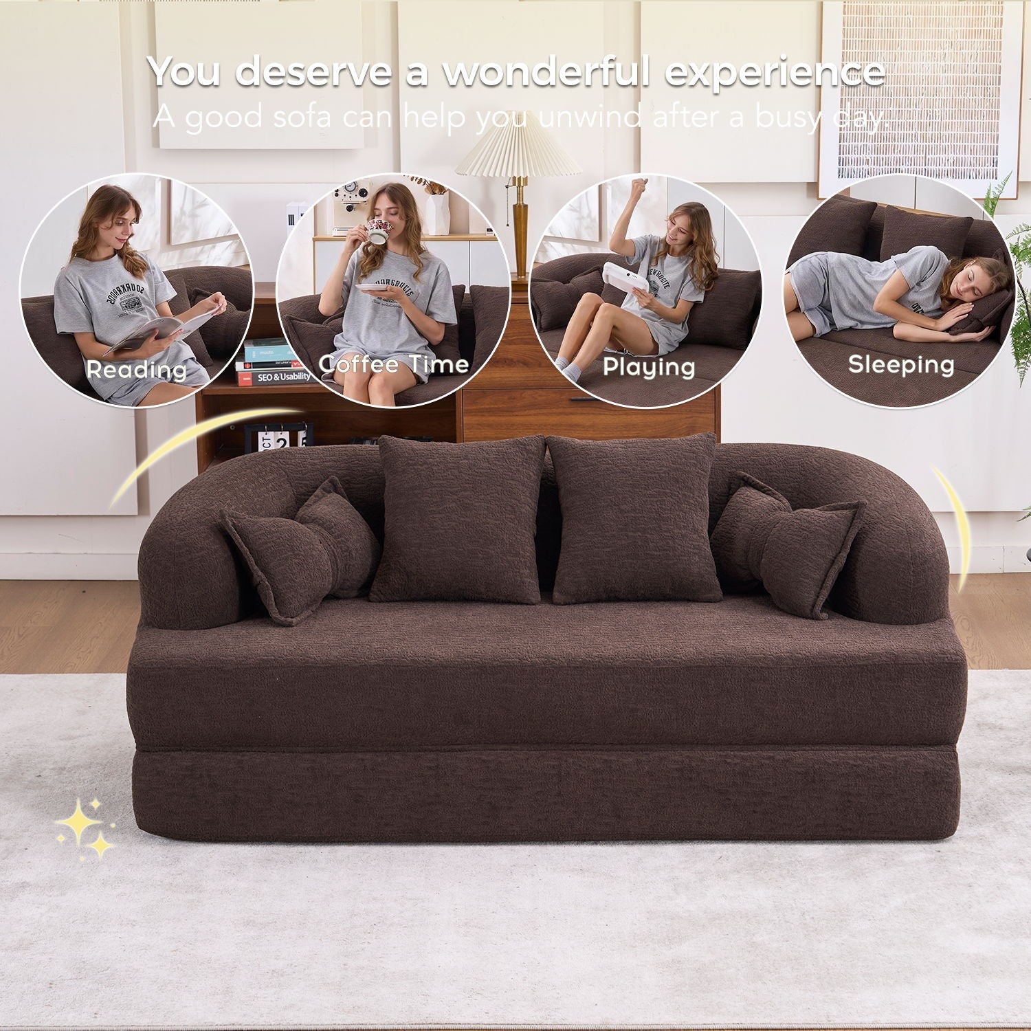 Foldable Sofa Bed, Boneless Couch Convertible Sleeper With 4 Pillows Home Essentials