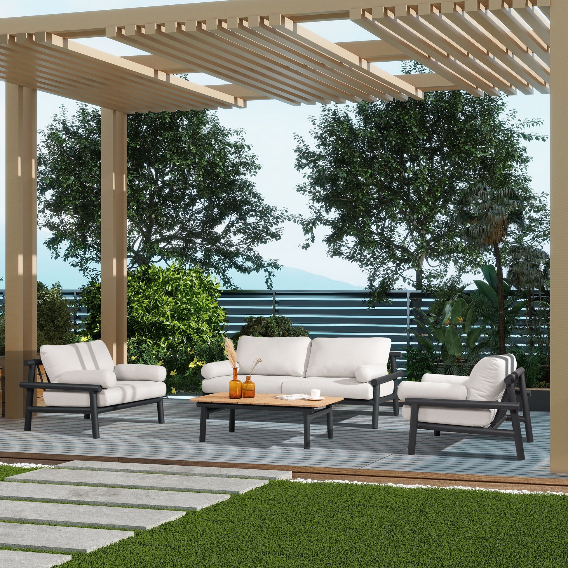 Zara - Dowel Frame Bolster Patio Deep Seating Armchair, Axroma Olefin - Wheat Beige Jennifer Taylor Home