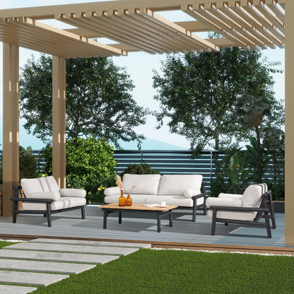 Zara - Dowel Frame Bolster Patio Deep Seating Armchair, Axroma Olefin - Wheat Beige Jennifer Taylor Home