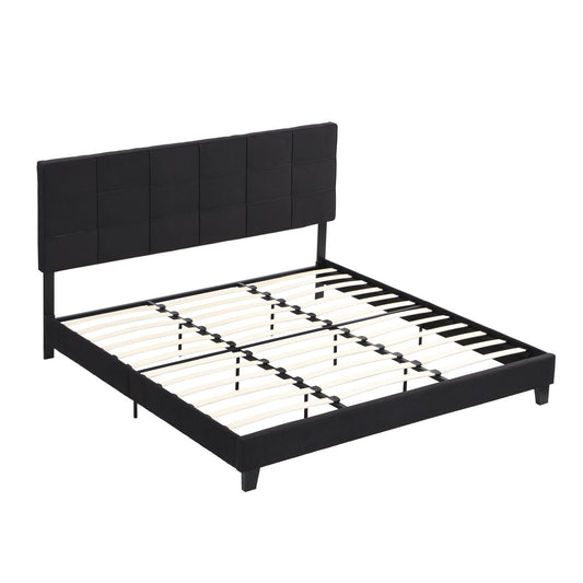 King Size Upholstered Platform Bed Frame With Linen Fabric Headboard, Wood Slat Support - Black Home Essentials