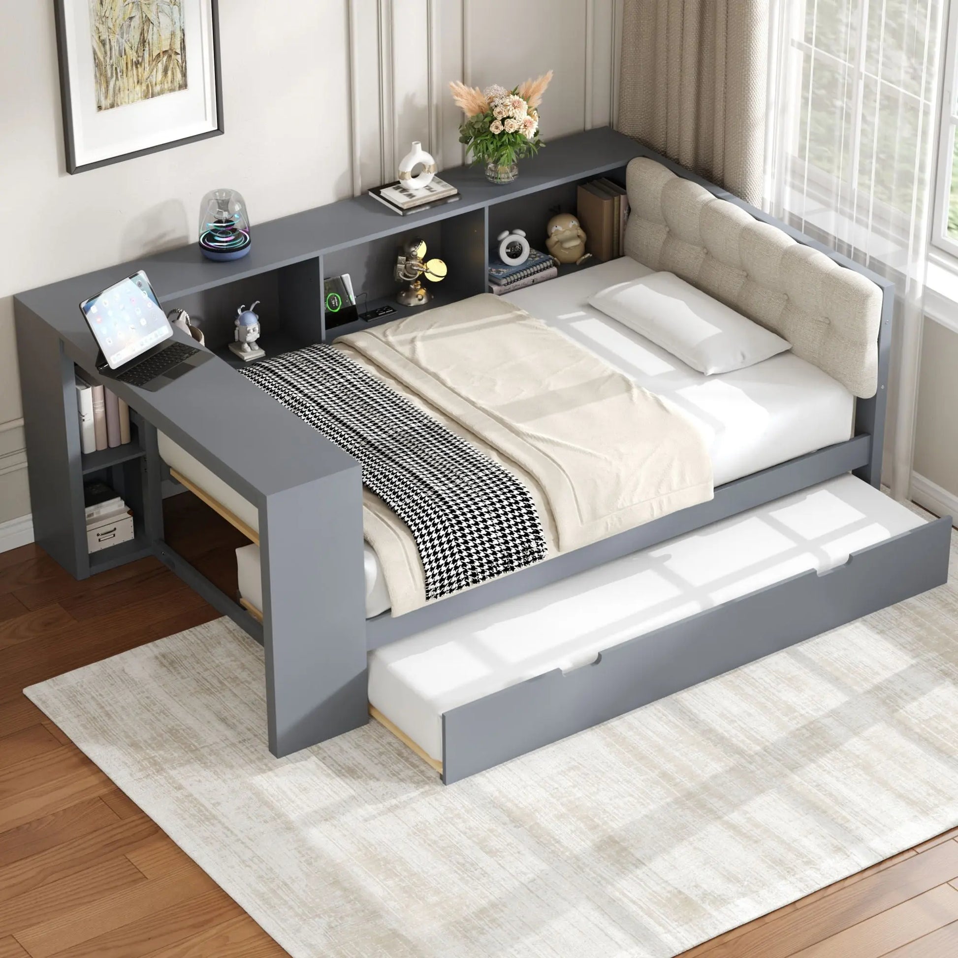Upholstered Headboard Platform Bed With Storage Shelves, Trundle, Charging Station Hearth and Haven