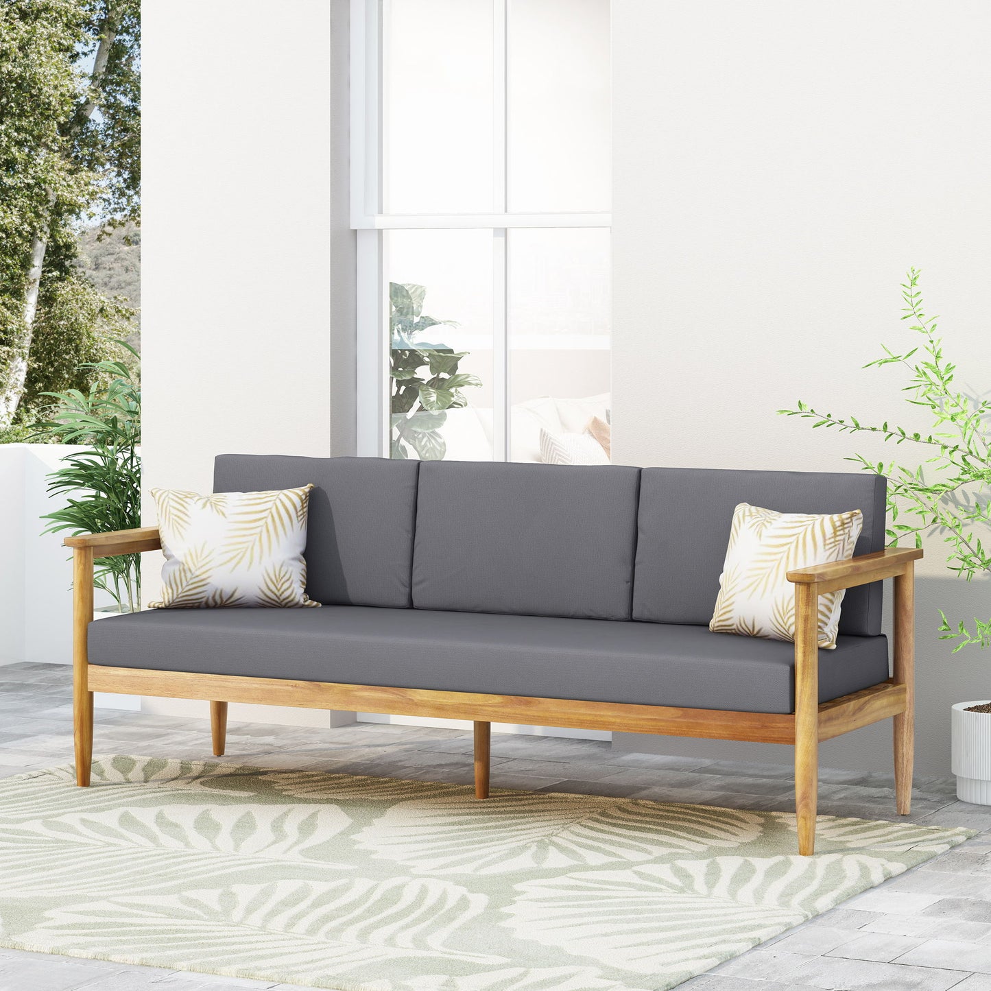 Outdoor 3 Seater Sofa With Cushion And Teak Acacia Wood - Dark Gray Noble House