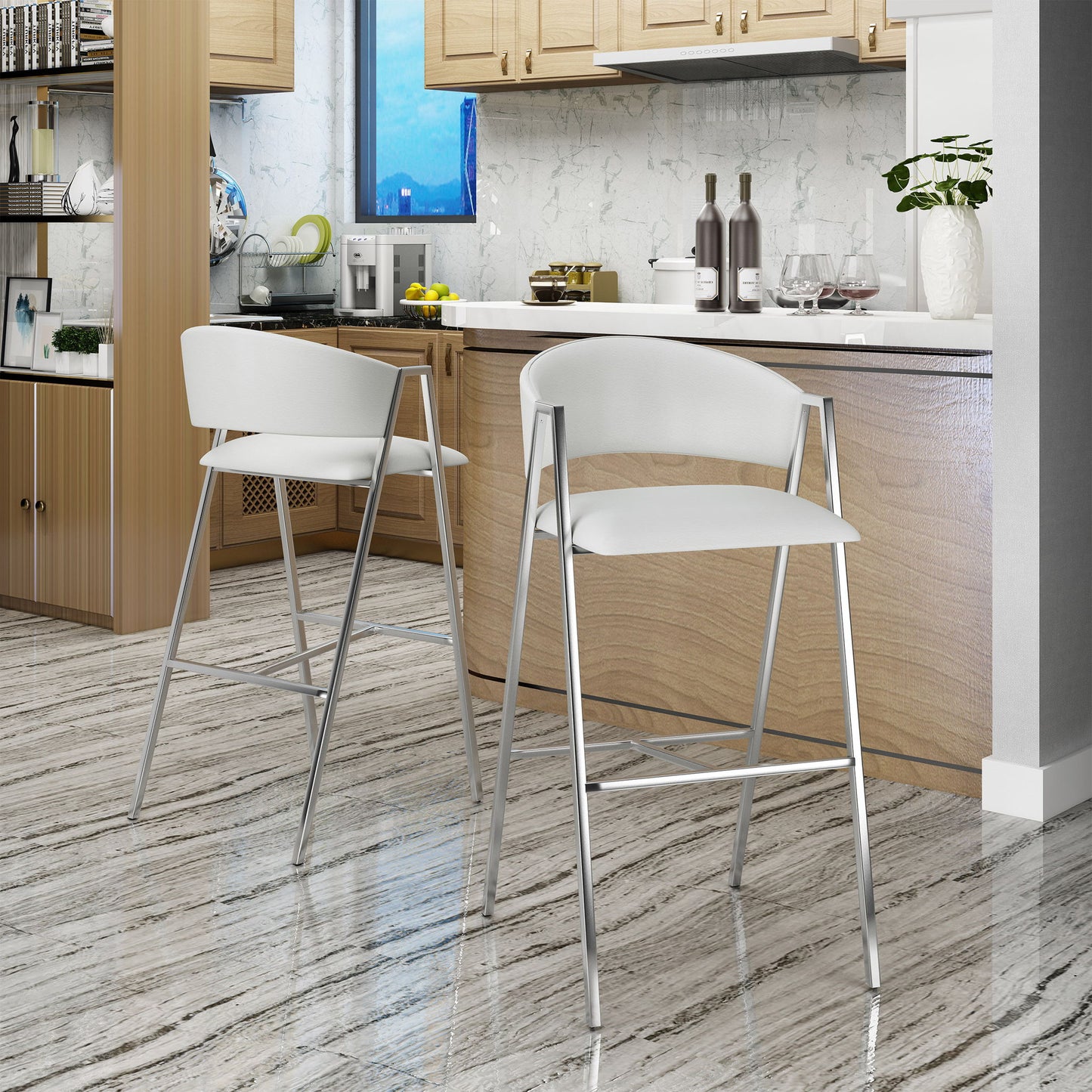 Modern Bar Stools With Low Back And Arms And Durable Metal Frame (Set of 2) - Ivory Noble House