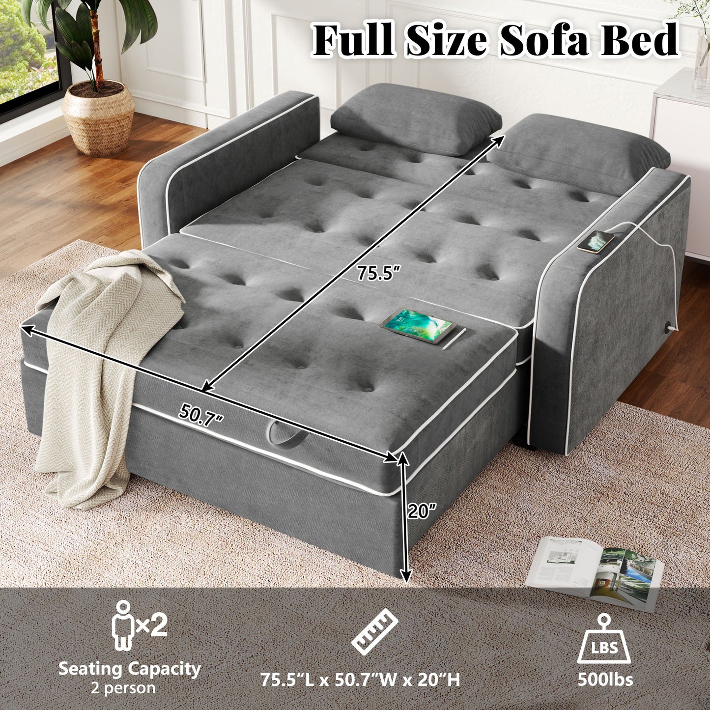 Upholstered Sleeper Bed, Pull Out Sofa Bed Couch Attached Two Throw Pillows, Dual USB Charging Port And Adjustable Backrest