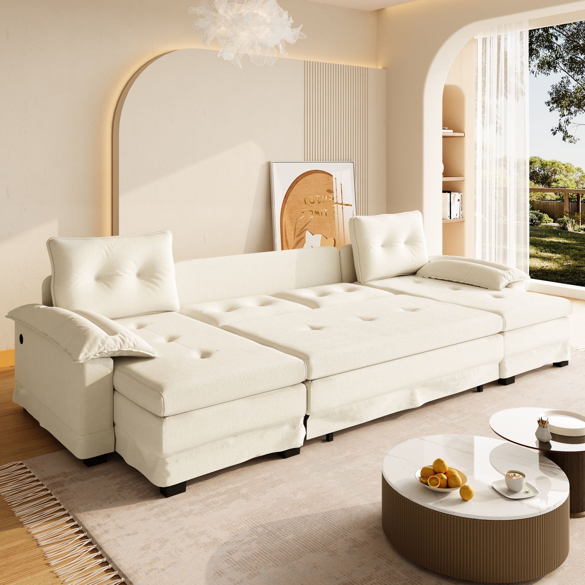 U-Shaped Sleeper Sofa With Pull Out Bed, Removable Armrests & USB Ports For Living Room Home Essentials