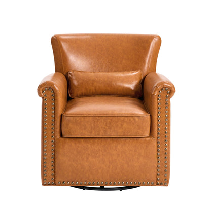 Swivel Accent Chair With Rolled Arm, Sewn Pillow Back, Nailhead Trim For Living Room Noble House