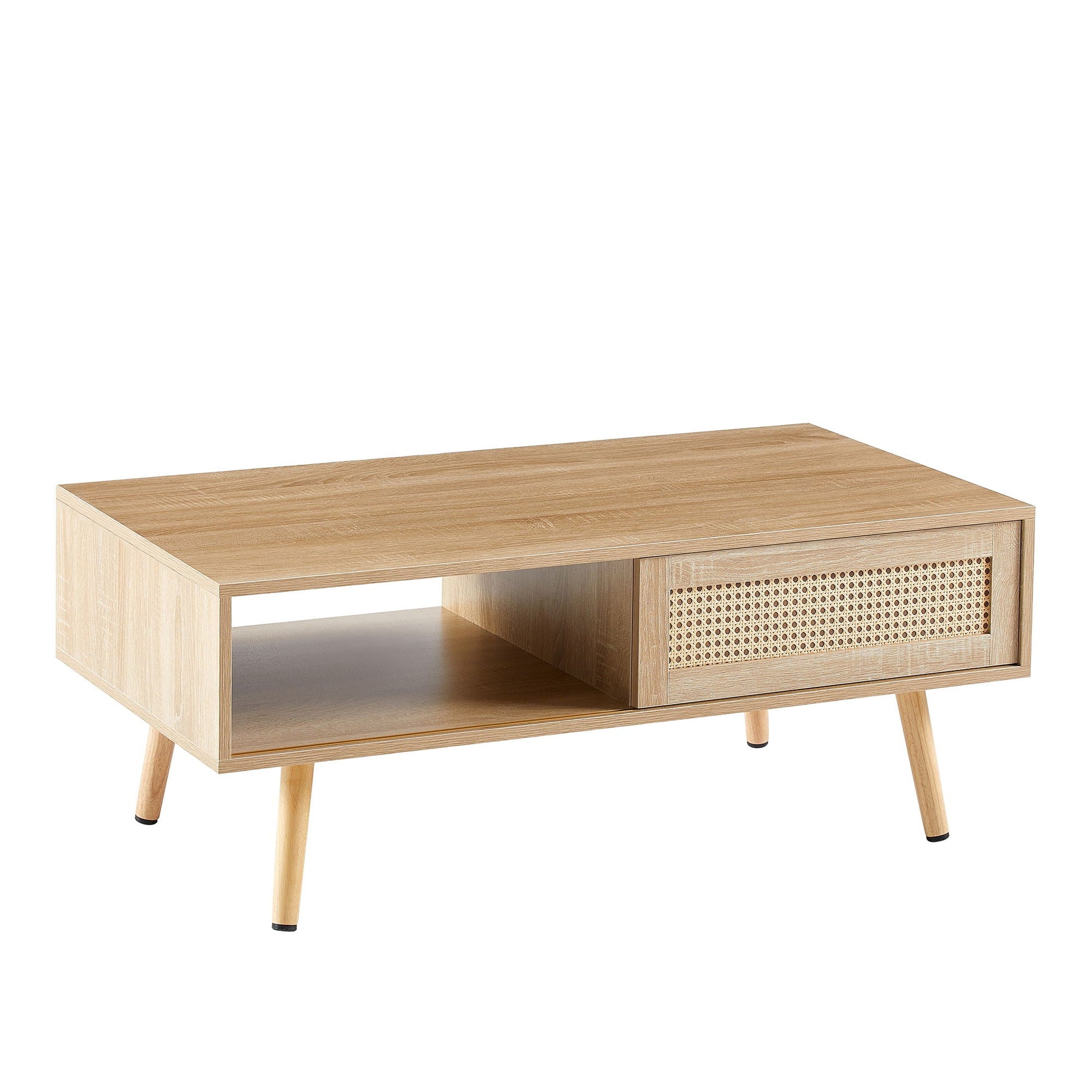41.34" Rattan Coffee Table, Sliding Door For Storage, Solid Wood Legs, Modern Table For Living Room Home Essentials