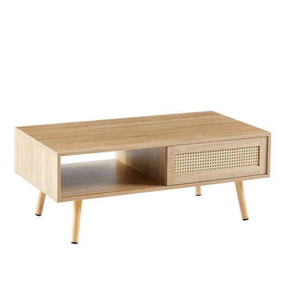 41.34" Rattan Coffee Table, Sliding Door For Storage, Solid Wood Legs, Modern Table For Living Room Home Essentials