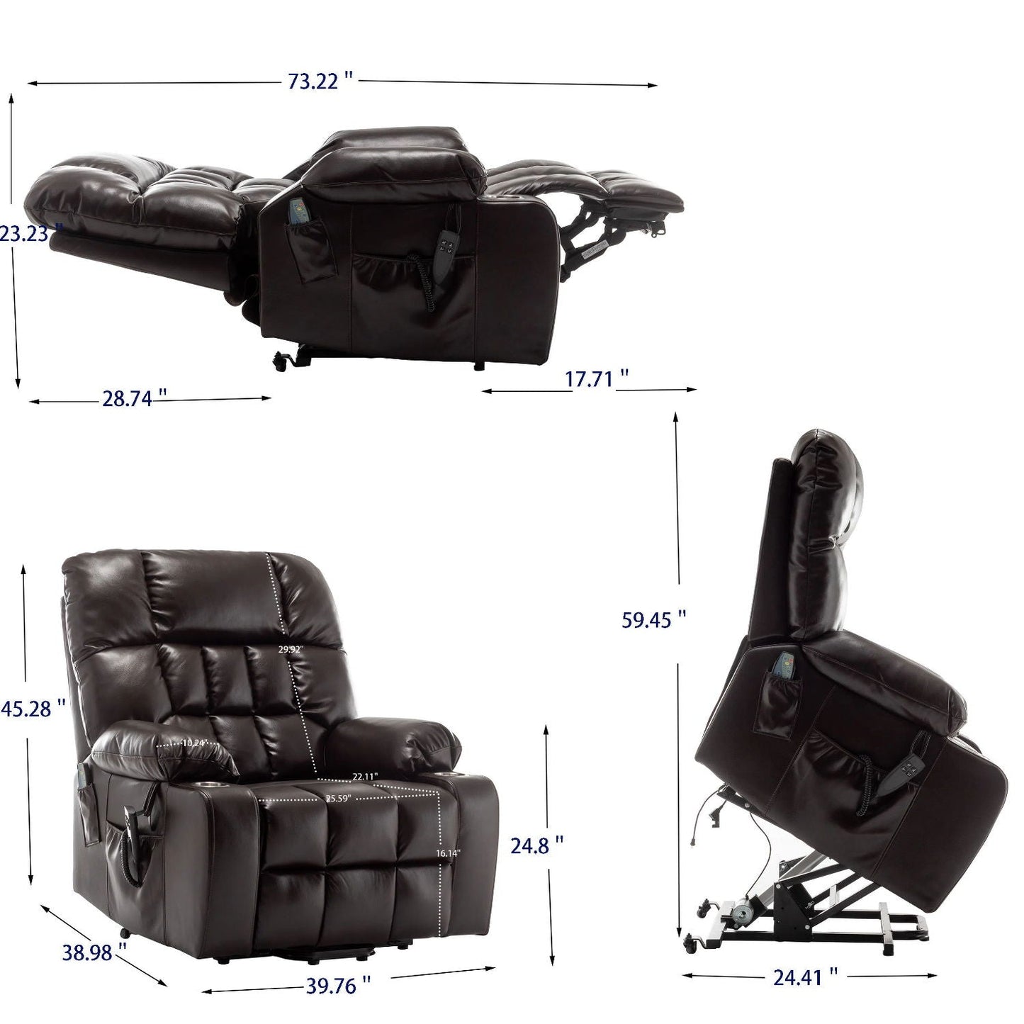 Lift Chair With Heat & Massage, 2 Pockets, 2 Cup Holders, Dual Remote - Wine Red Home Essentials