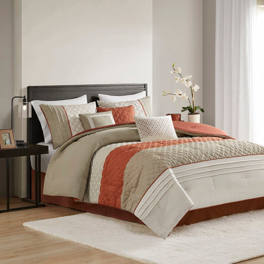 Jenson - 7 Piece Color Block Stripe Comforter Set With Throw Pillows - Spice Madison Park