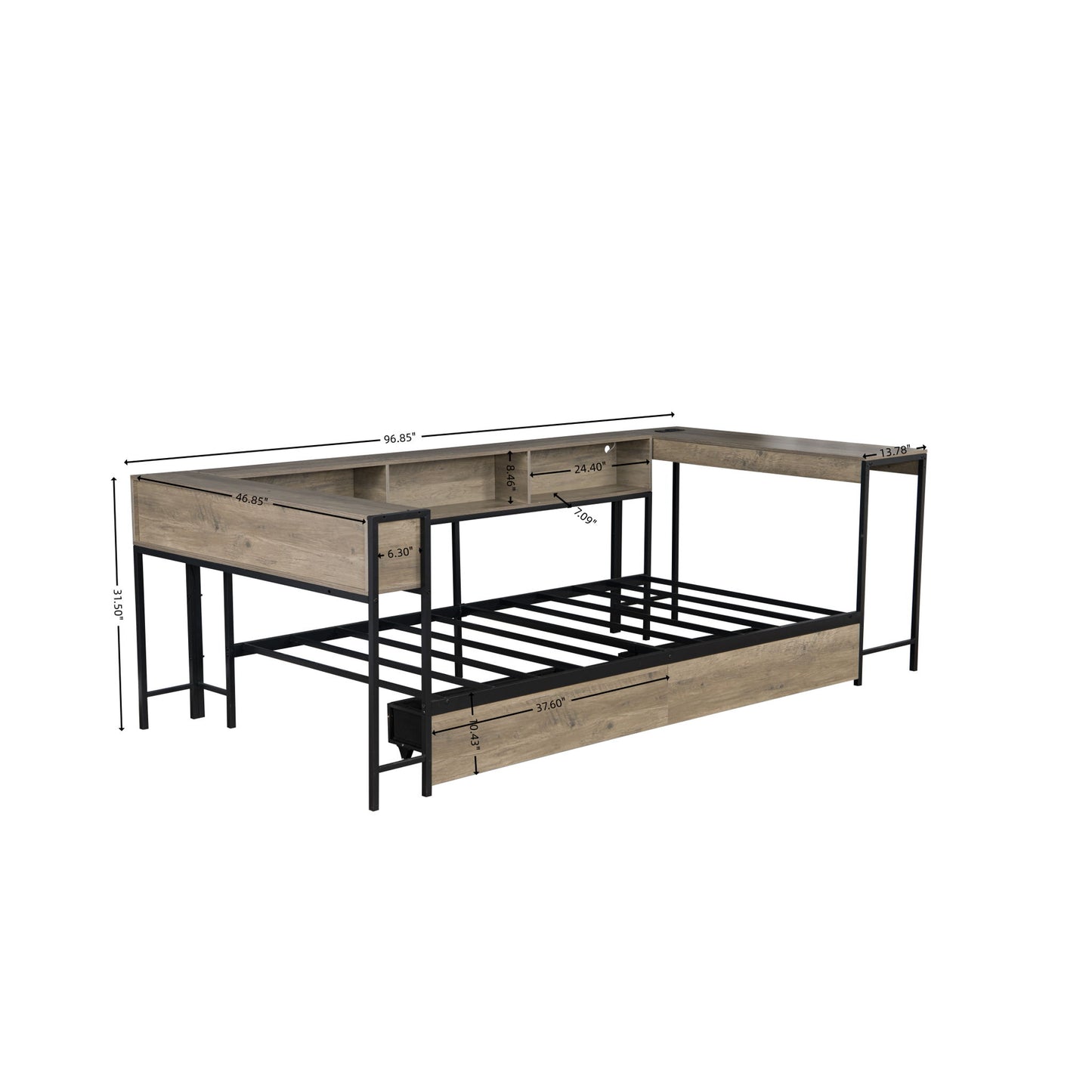 Corner Bed Frame Twin Size With Bookcase And 2 Underbed Storage Drawers, Modern Twin Bed With LED Light And Charging Station, Modern Daybed Reversible Left Or Right - Gray Home Essentials