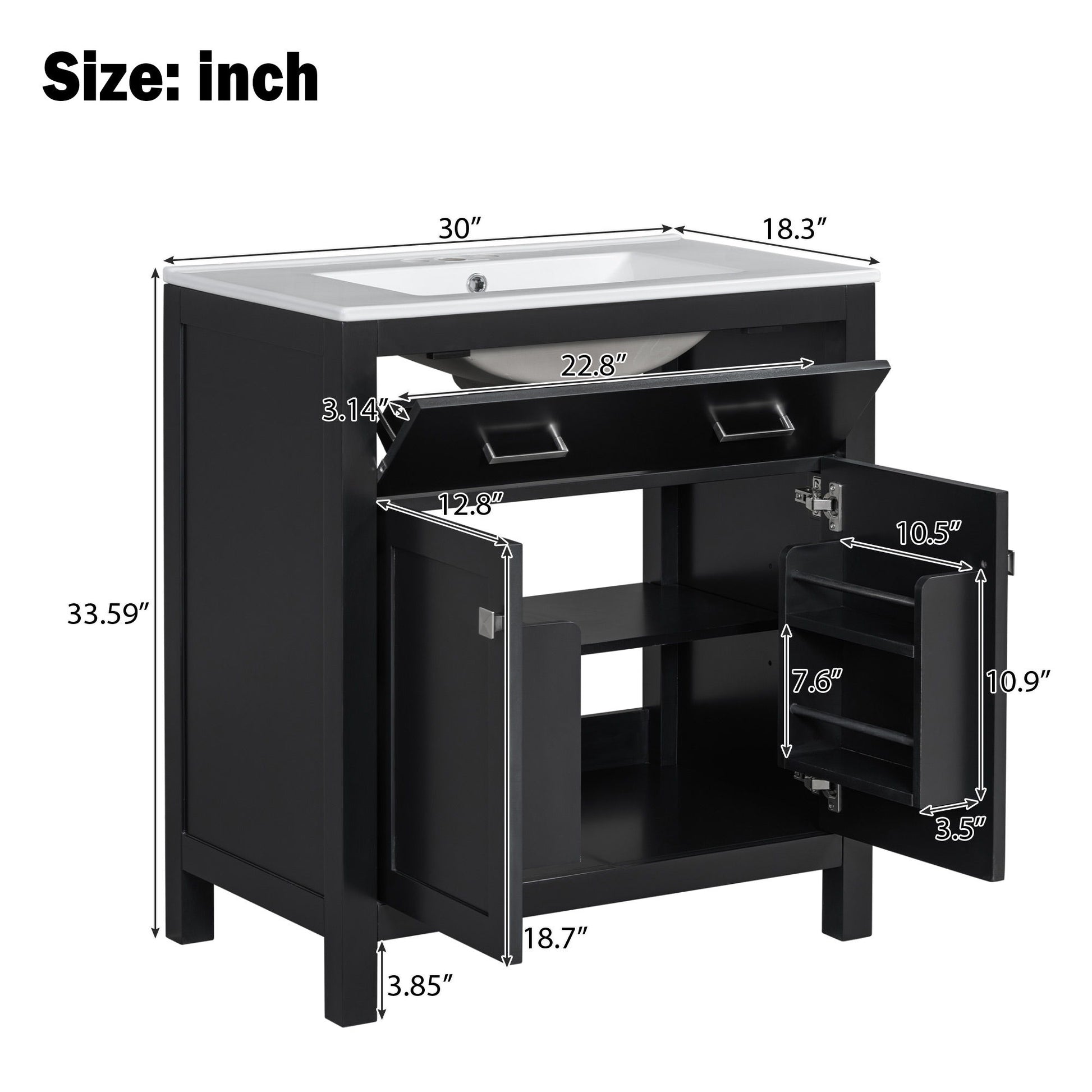 Bathroom Vanity With Ceramic Sink, Modern Single Bathroom Cabinet With 2 Doors And A Shelf, Soft Close Doors Hearth and Haven