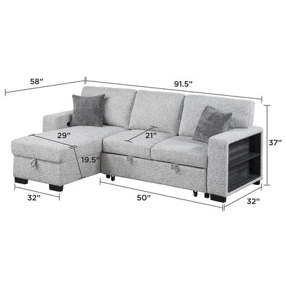 Buzz - Reversible Sleeper Sectional Sofa With Storage Chaise, Console Arm, USB Charging & Cup Holders - Gray Matrix Furniture Group