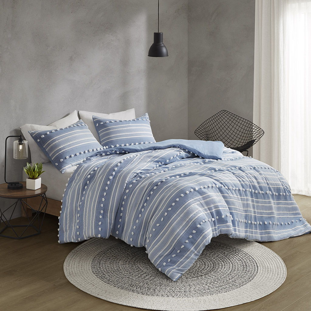 Rowan - Striped Clipped Jacquard Comforter Set - Blue