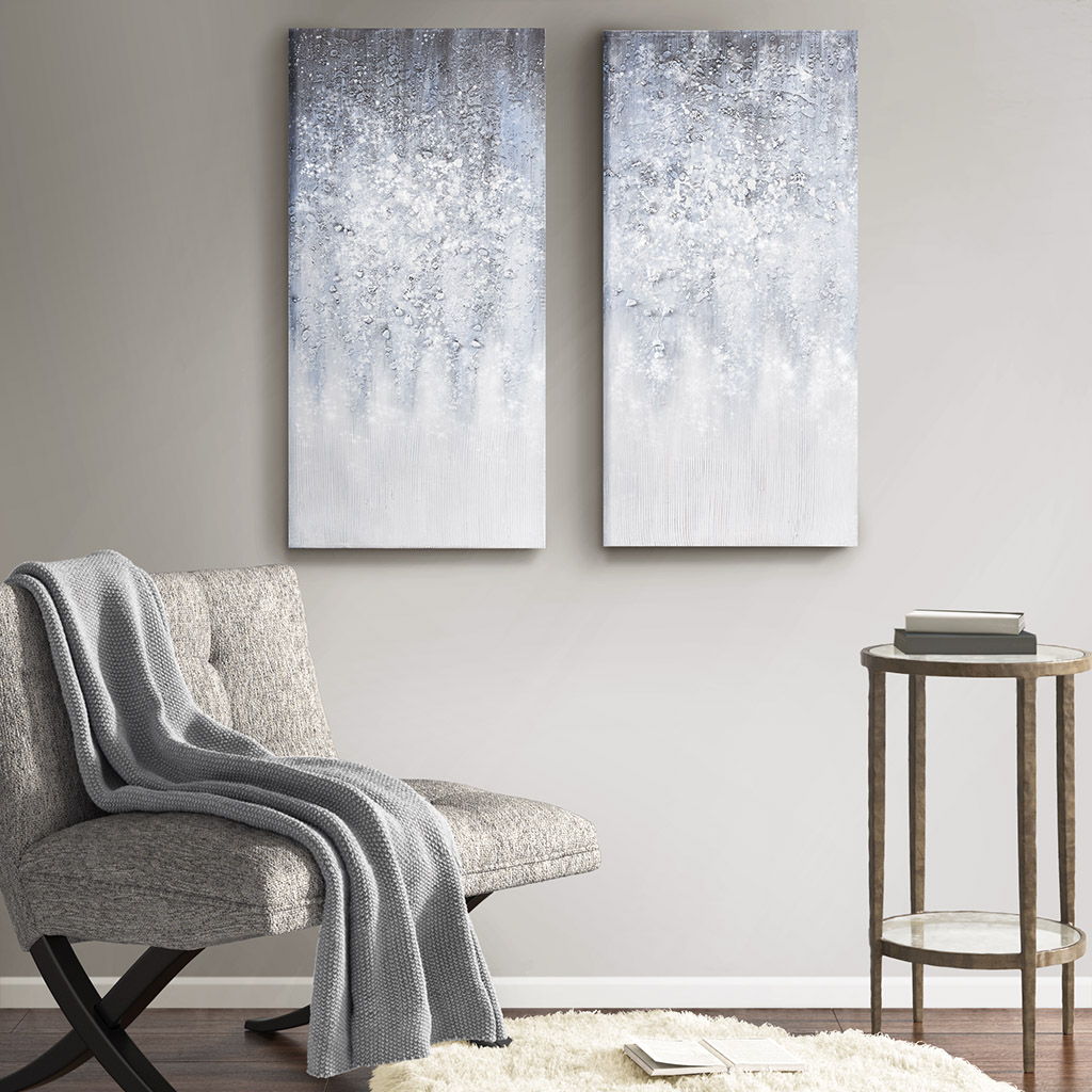 Winter Glaze Heavy Textured Canvas With Glitter Embellishment (Set of 2) - Blue / White