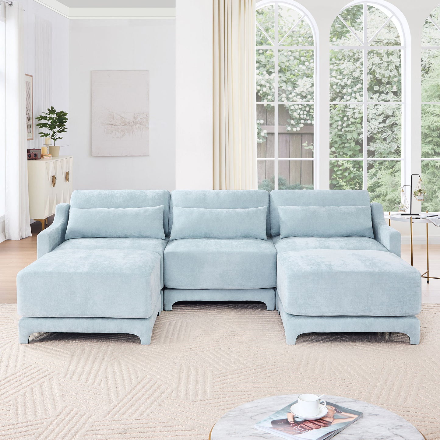 Stylish Sofa With Ottoman And Lumbar Pillows, Ergonomic Design Home Essentials