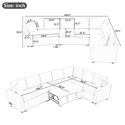 L-Shaped Sofa Convertible Sofa Bed Pull Out Sofa Sleeper With Two Back Pillows, Two USB Ports And Two Power Sockets For Living Room