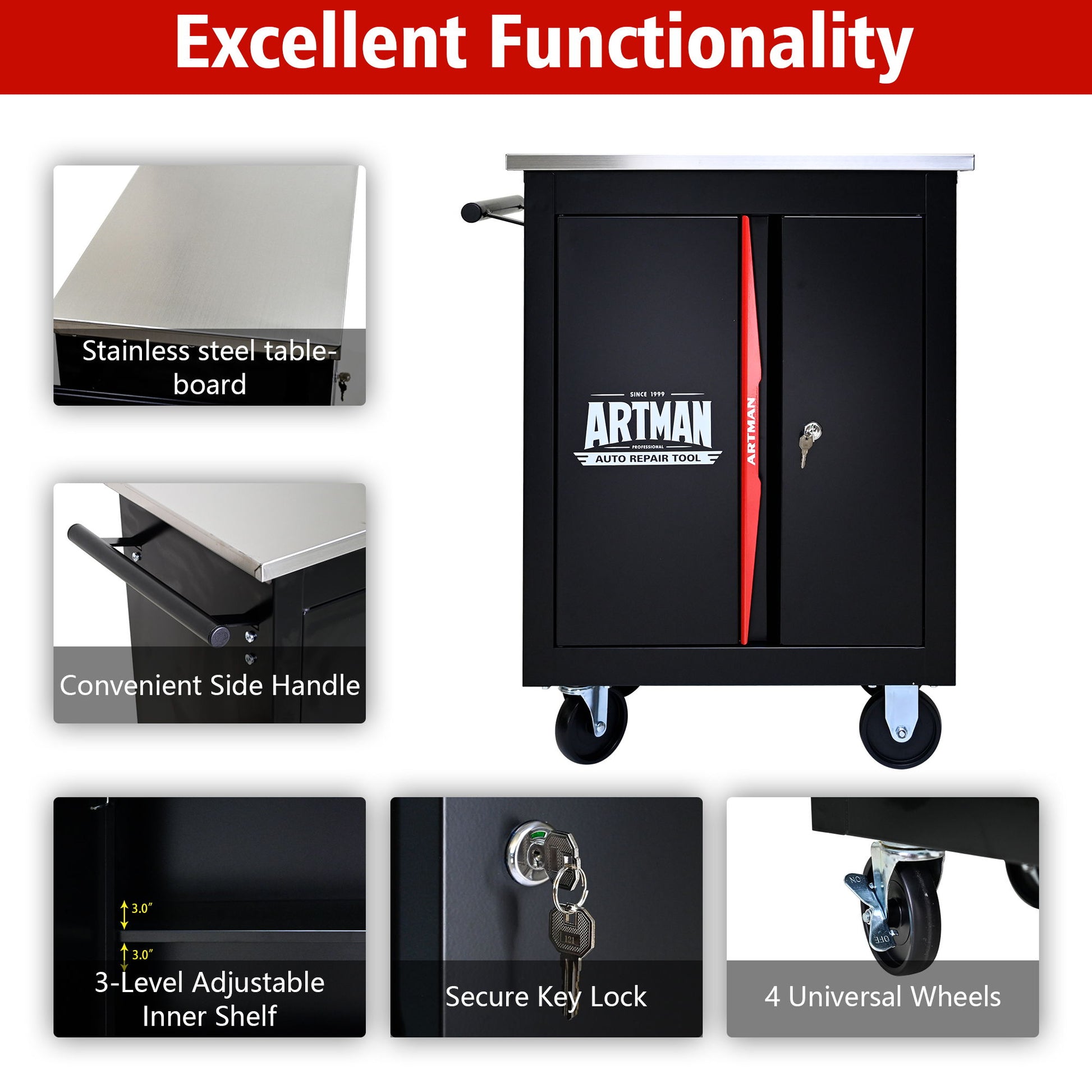 Double Door Clapboardl Multi Function Tool Cart - Black / Red Daily Nest