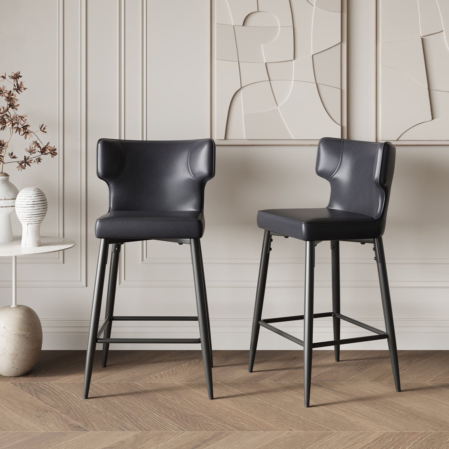 Modern Bar Stools With Upholstery And Metal Footrest (Set of 2) Noble House