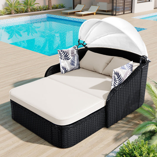 Outdoor Sunbed With Adjustable Canopy, Double Lounge, Daybed - Black / Beige Hearth and Haven