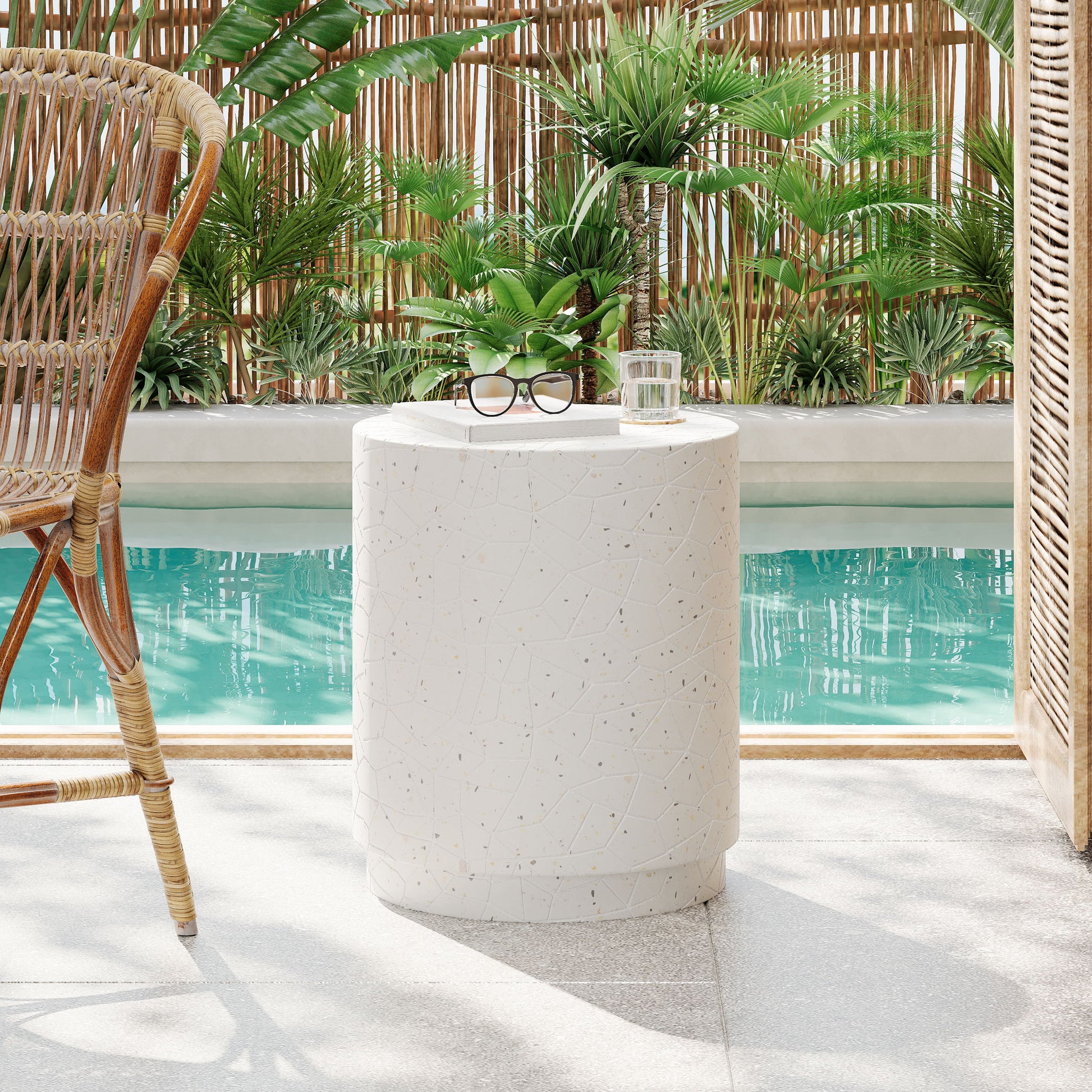 Outdoor Terrazzo Concrete Drum End Table, Living Room Accent Table - White Terrazzo Noble House