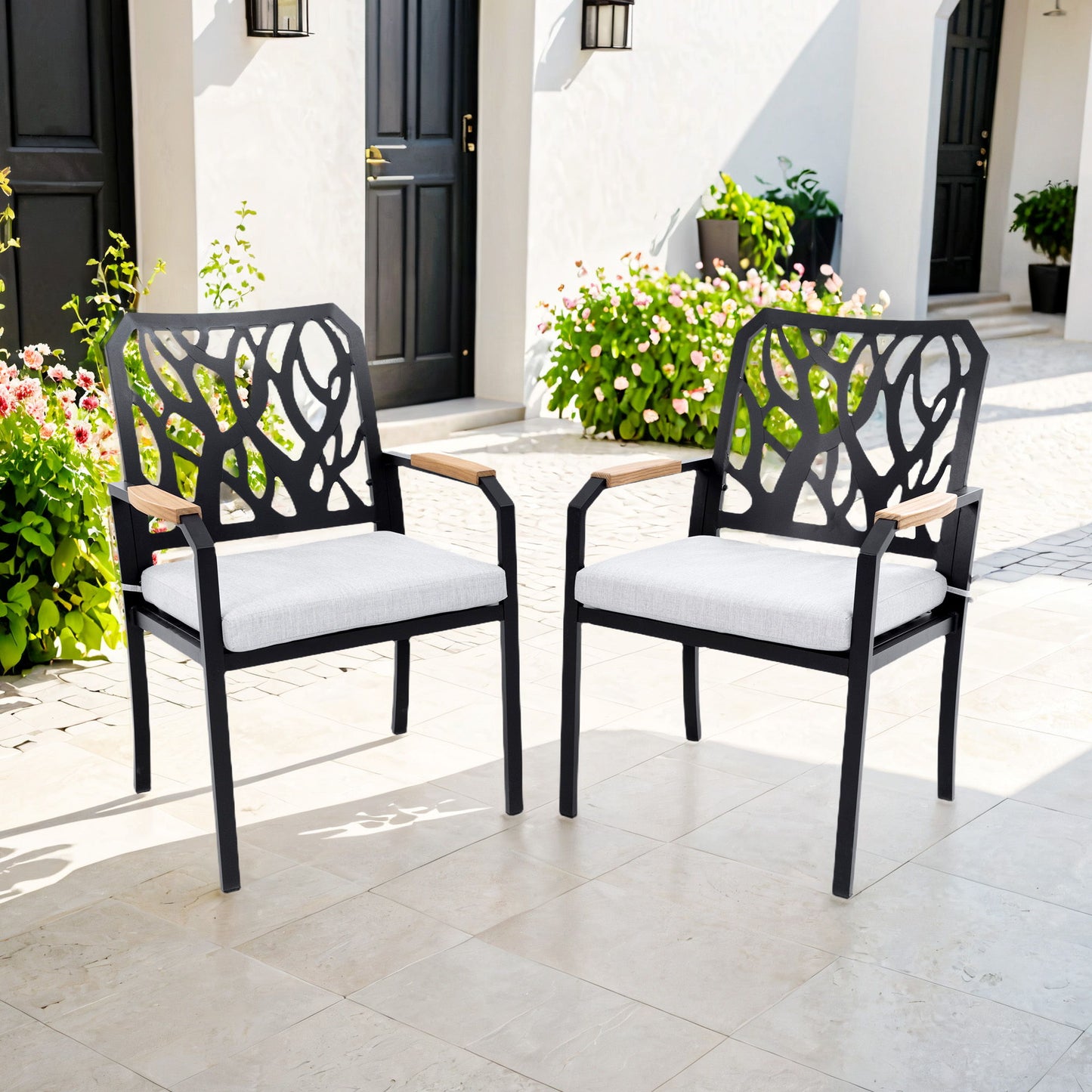Outdoor Patio Stationary Dining Chairs With Outdoor Grade Sunbrella Cushions, Branch Like Backrest (Set of 2) - Bourbon Brown Life Outside