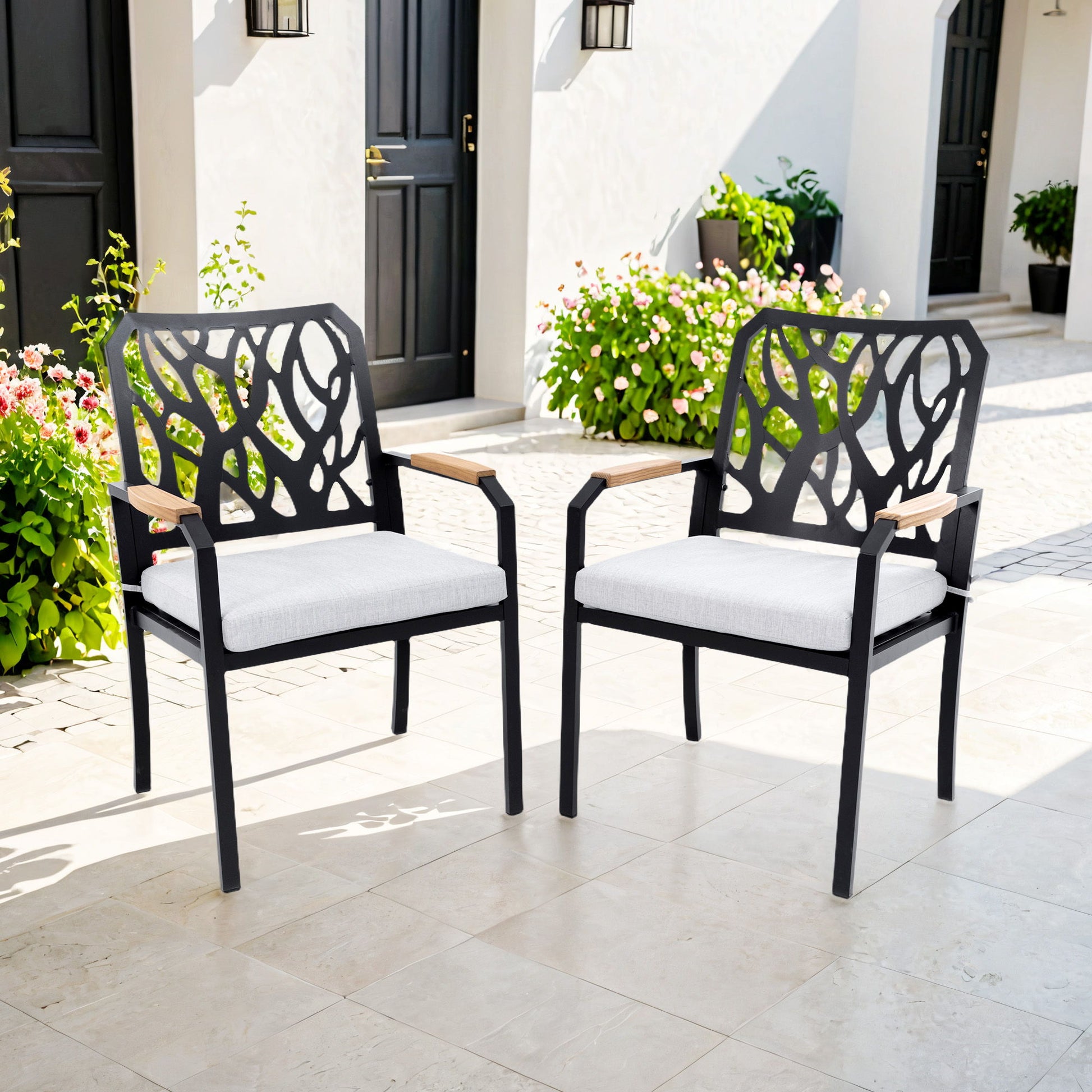 Outdoor Patio Stationary Dining Chairs With Outdoor Grade Sunbrella Cushions, Branch Like Backrest (Set of 2) - Bourbon Brown Life Outside