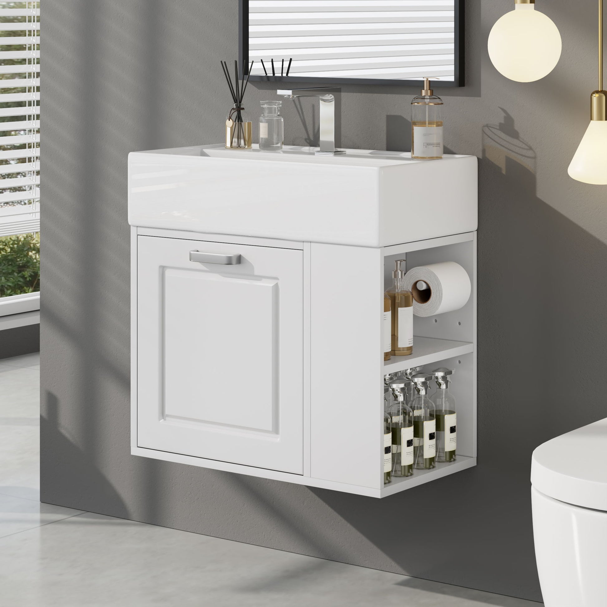 Modern Wall Mounted Bathroom Vanity With Sink, Soft Close Drawer, Adjustable Shelf, Toilet Paper Holder Noble House