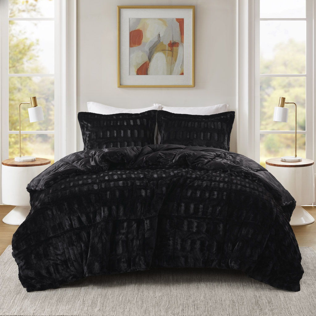 Gia - 3 Piece Full/Queen Solid Comforter Mini Set - Black Madison Park