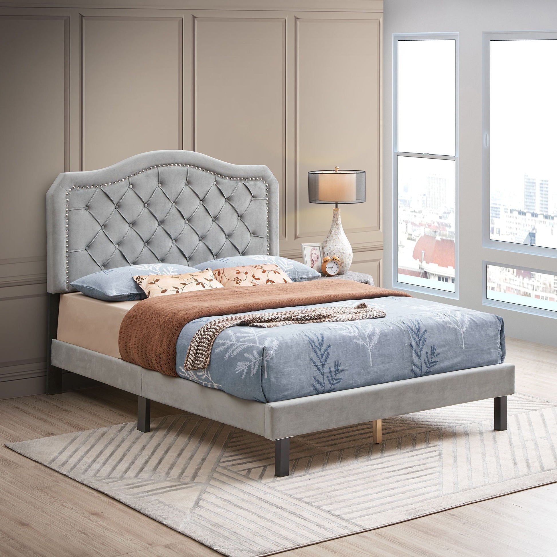 Queen Platform Upholstered Bed Button Tufted With Curve Design, Strong Wood Slat Support - Gray Home Essentials