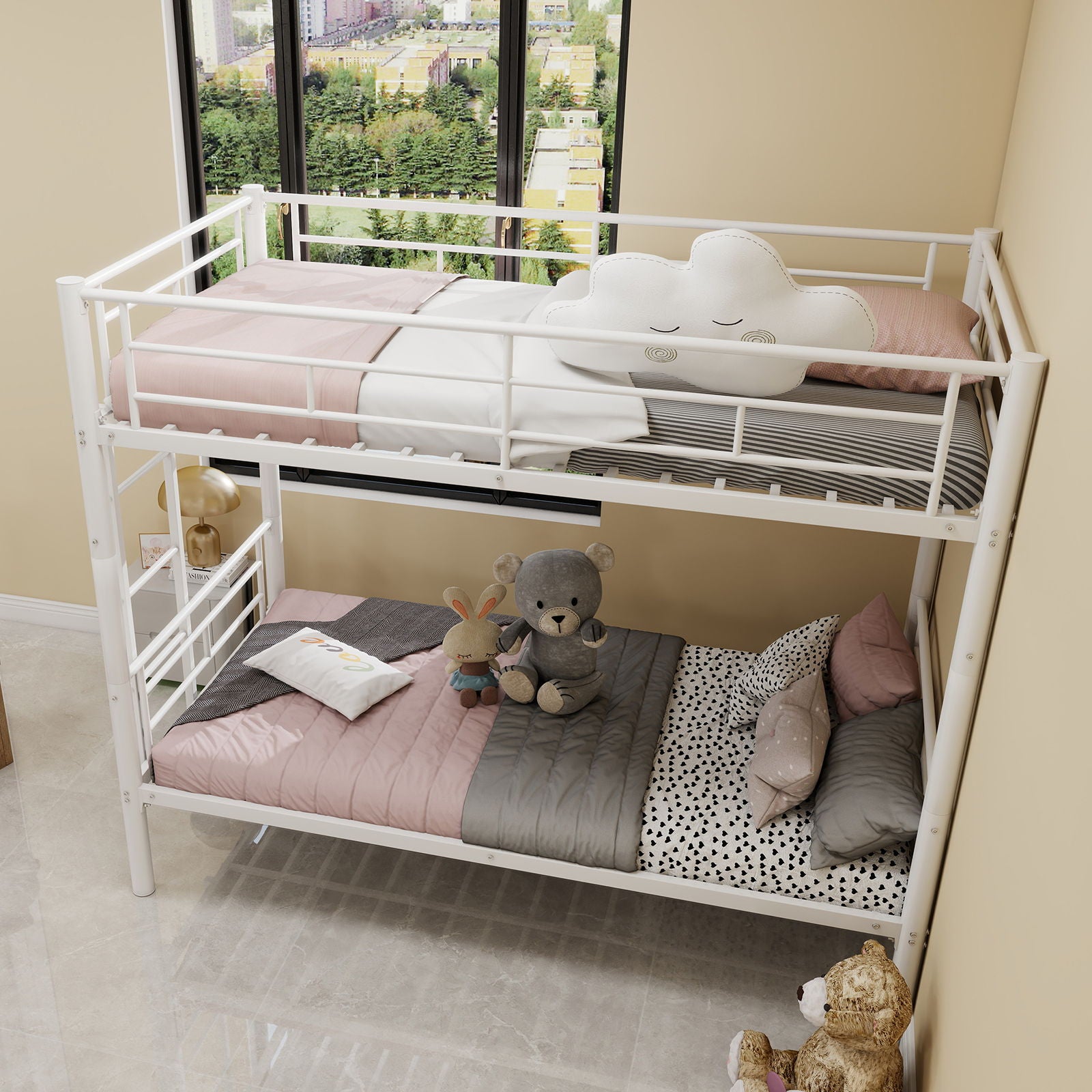 Metal Bunk Bed For Kids, Convertible Bedframe With Ladders & Guardrail Home Essentials