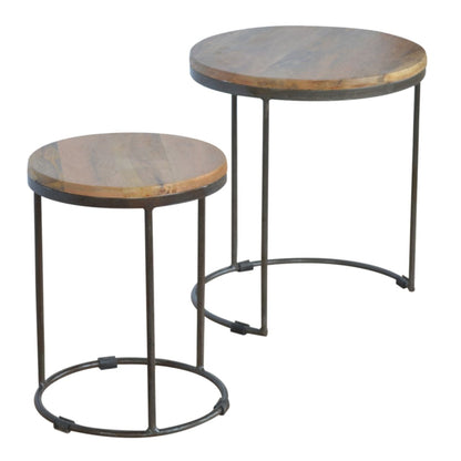 Round Stool Table With Iron Base (Set of 2) - Brown / Black Artisan Furniture