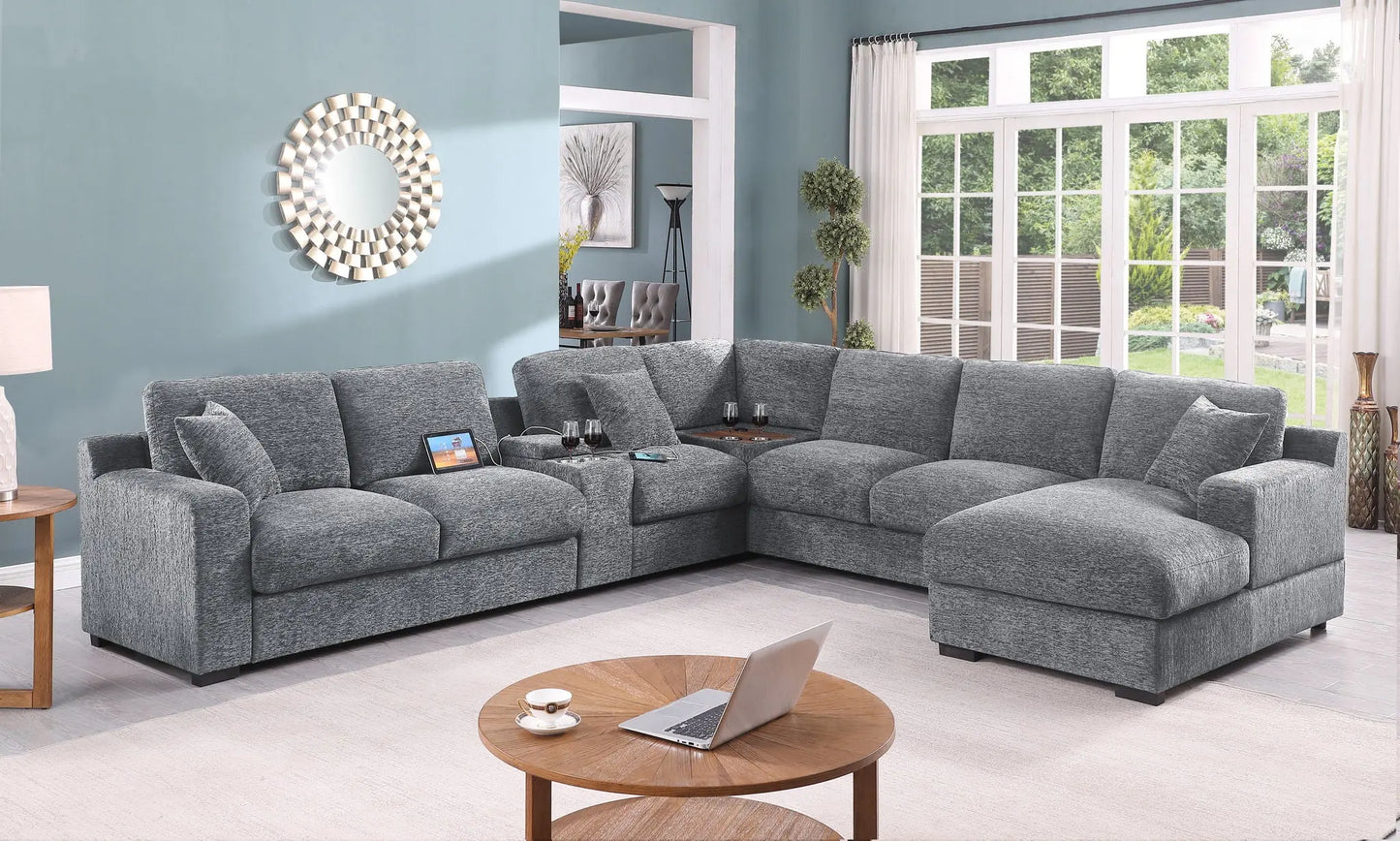 Celine - Chenille Fabric Corner Sectional Sofa With Right-Facing Chaise, Cupholders, And Charging Ports Lilola Home