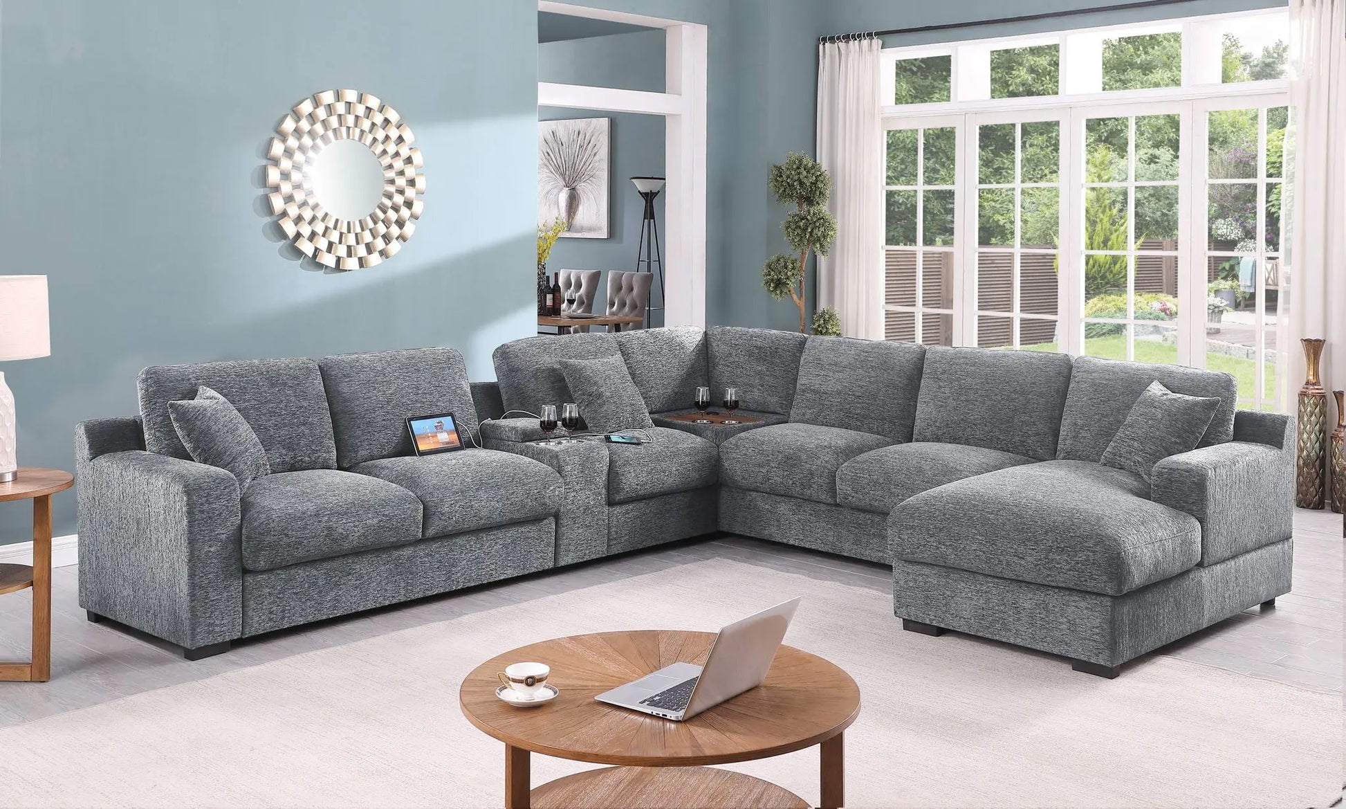 Celine - Chenille Fabric Corner Sectional Sofa With Right-Facing Chaise, Cupholders, And Charging Ports Lilola Home