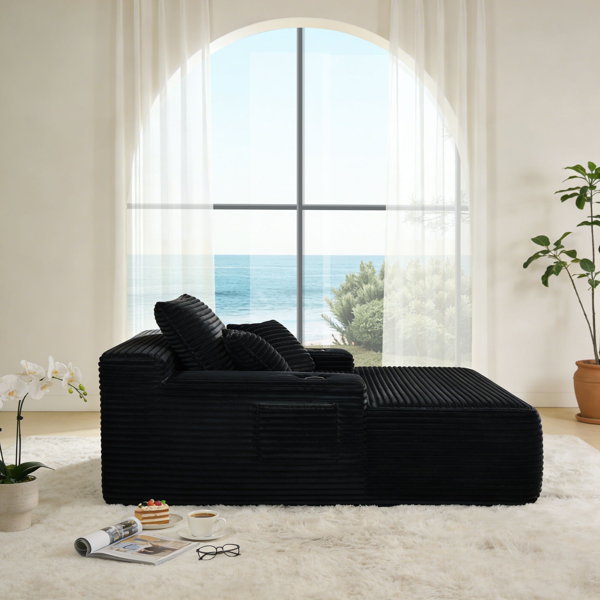 Convertible Chaise Lounge Chair With Wide Armrest & Throw Pillows - Black Home Essentials